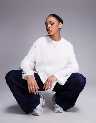 Asos Design Curve Premium Heavyweight Cotton Oversized Long Sleeve T-shirt In White In Black