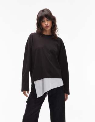 Asos Design Long Sleeve T-shirt With Lace Satin Asym Hem Detail In Black