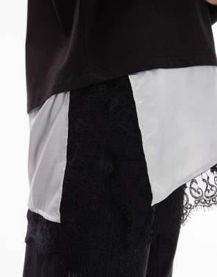 Asos Design Long Sleeve T-shirt With Lace Satin Asym Hem Detail In Black