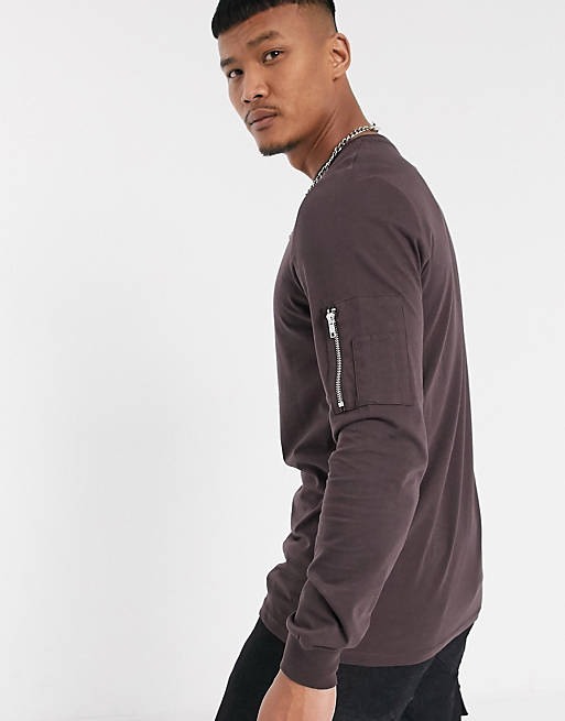 ASOS DESIGN long sleeve t-shirt with MA1 zip sleeve pocket in brown