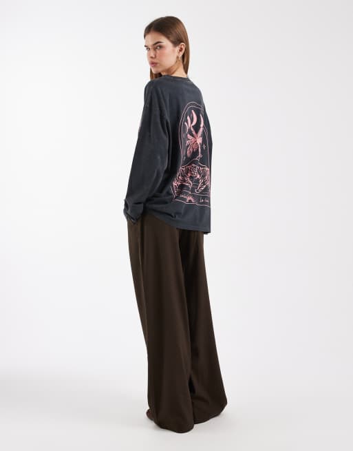 ASOS DESIGN long sleeve t-shirt with moon and tiger graphic in washed charcoal, 2 of 4