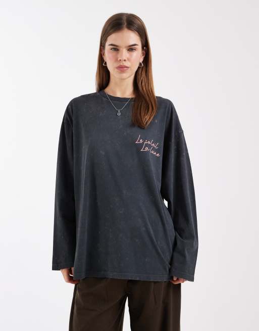 ASOS DESIGN long sleeve t-shirt with moon and tiger graphic in washed charcoal, 3 of 4