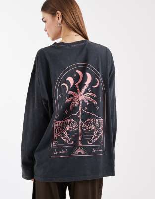 ASOS DESIGN long sleeve t-shirt with moons and tigers graphic in washed charcoal