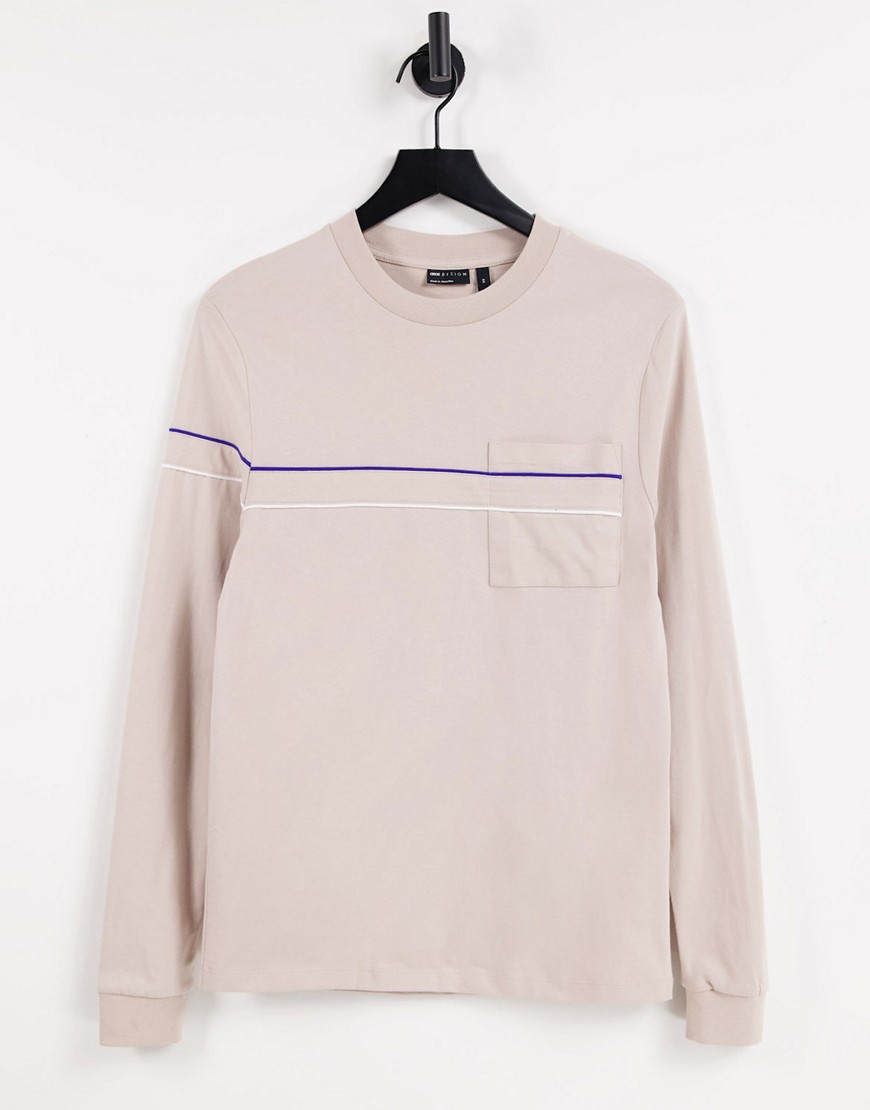 ASOS DESIGN long sleeve t shirt with piping detail and pocket in beige-Neutral