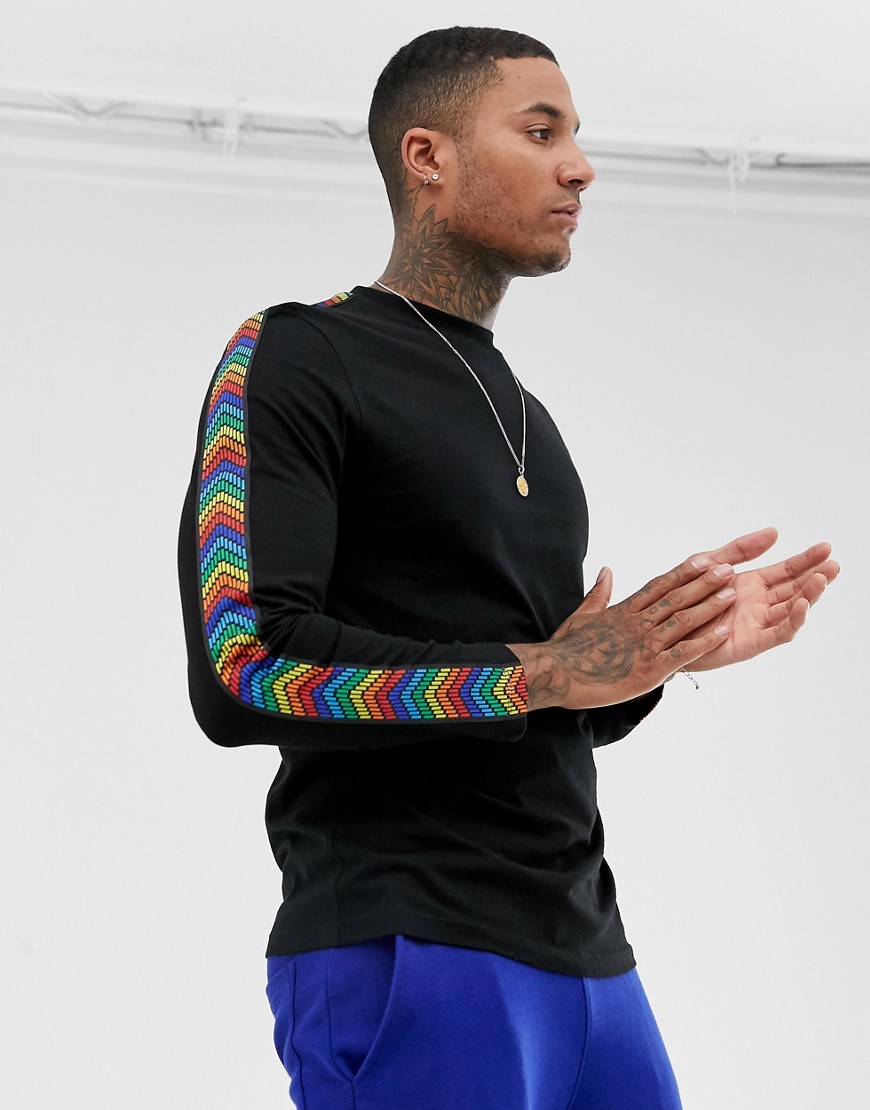 ASOS DESIGN long sleeve t-shirt with rainbow taping in black