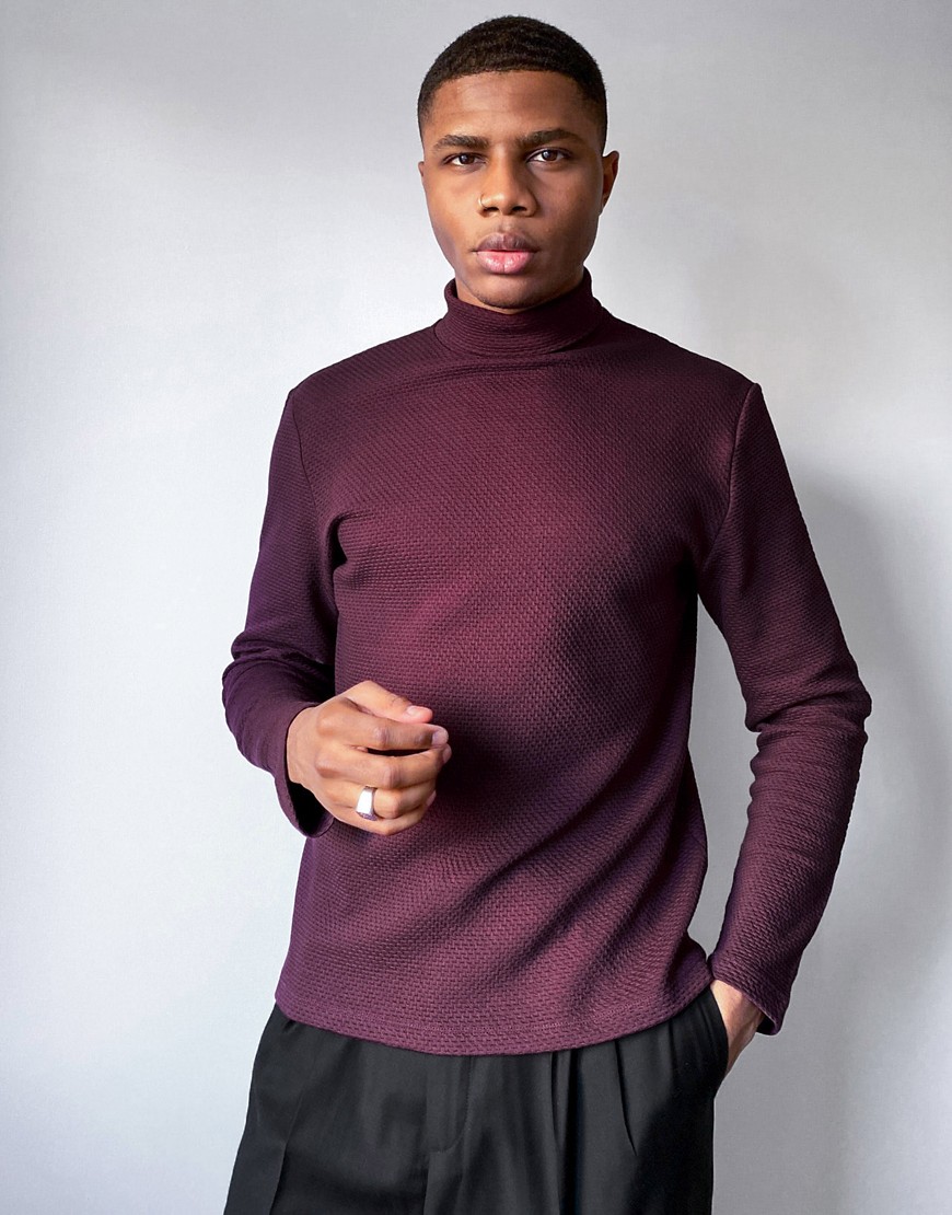 ASOS DESIGN long sleeve t-shirt with roll neck in burgundy textured fabric