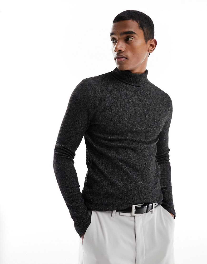 ASOS DESIGN long sleeve t-shirt with roll neck in charcoal marl-Grey
