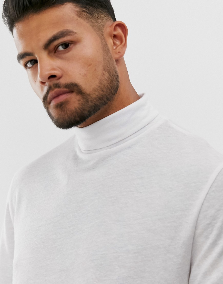 ASOS DESIGN long sleeve t-shirt with roll neck in linen mix-White