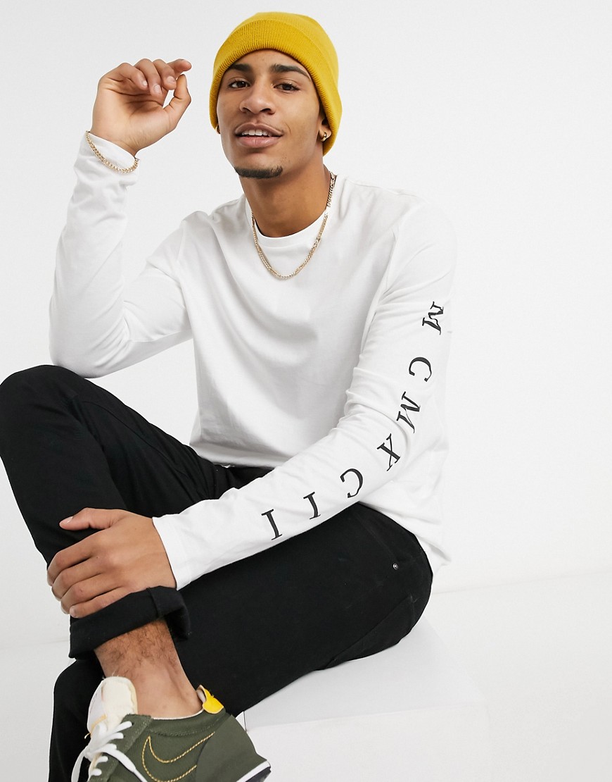 ASOS DESIGN long sleeve t-shirt with roman numeral sleeve print in white