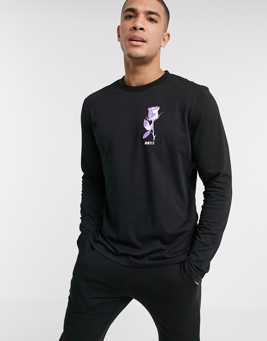 ASOS DESIGN long sleeve t-shirt with rose chest print-Black