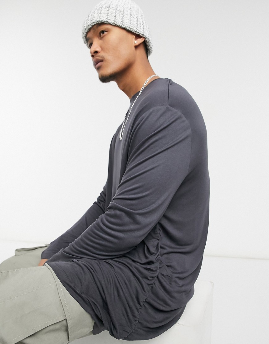ASOS DESIGN long sleeve t-shirt with ruched detailing in gray-Grey