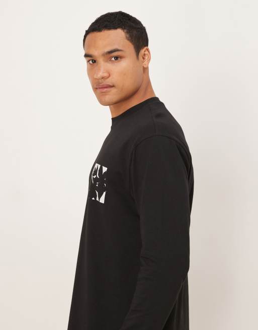 ASOS DESIGN long sleeve t-shirt with small flower chest print in black, 5 of 5