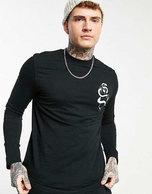 ASOS DESIGN long sleeve t-shirt with snake & hand chest print in black