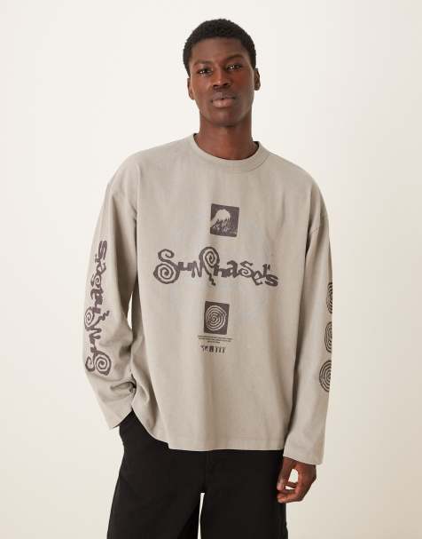 ASOS DESIGN long sleeve t-shirt with sun chaser graphic in washed stone - view 1