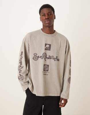 Asos Design Long Sleeve T-shirt With Sun Chasers Graphic In Neutral