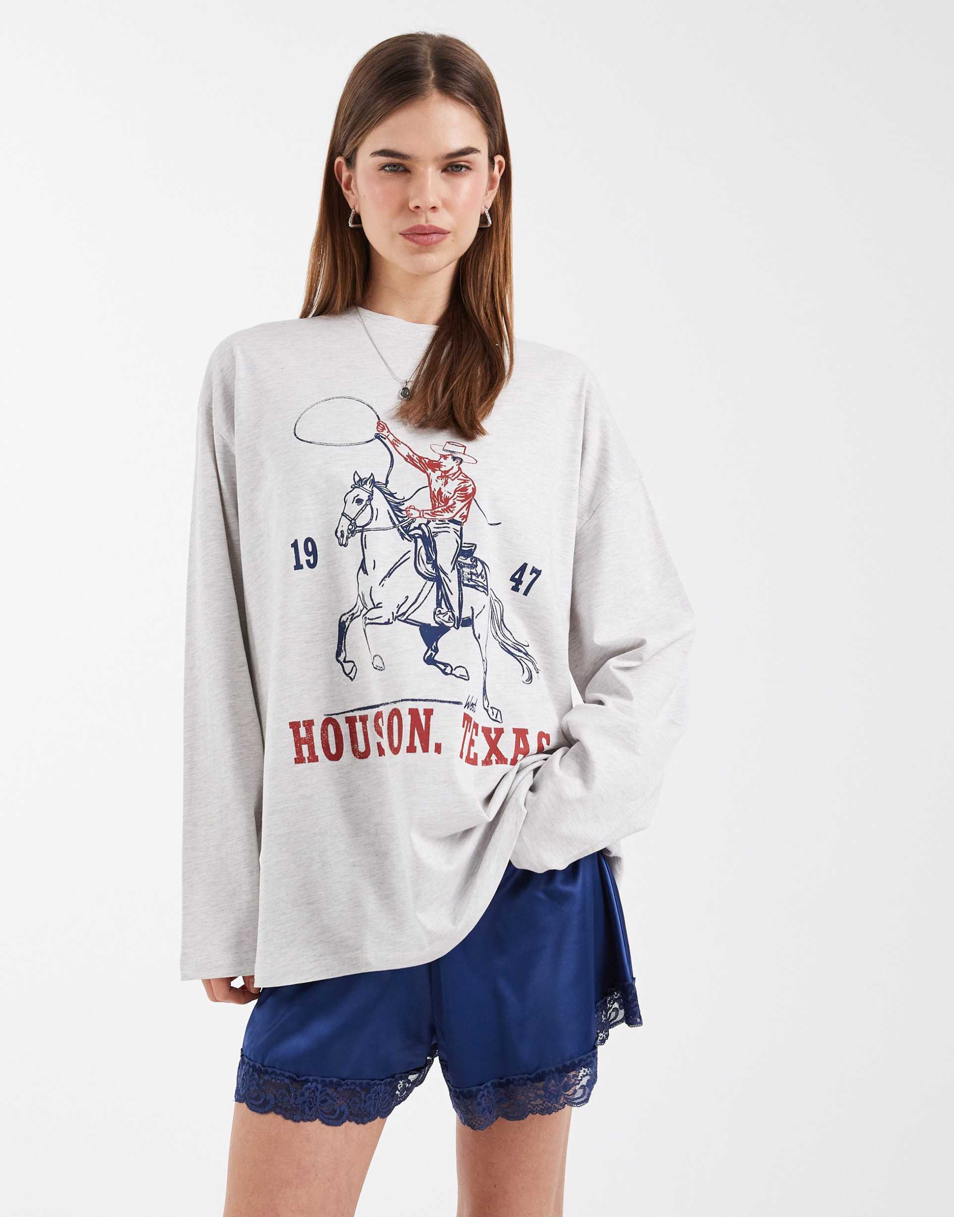 asos design long sleeve t-shirt with texas graphic in heathered ice
