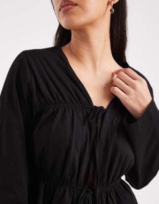 Asos Design Long Sleeve T-shirt With Tie Panel Detailing In Black