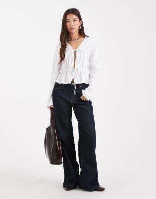 Asos Design Long Sleeve T-shirt With Tie Panel Detailing In White