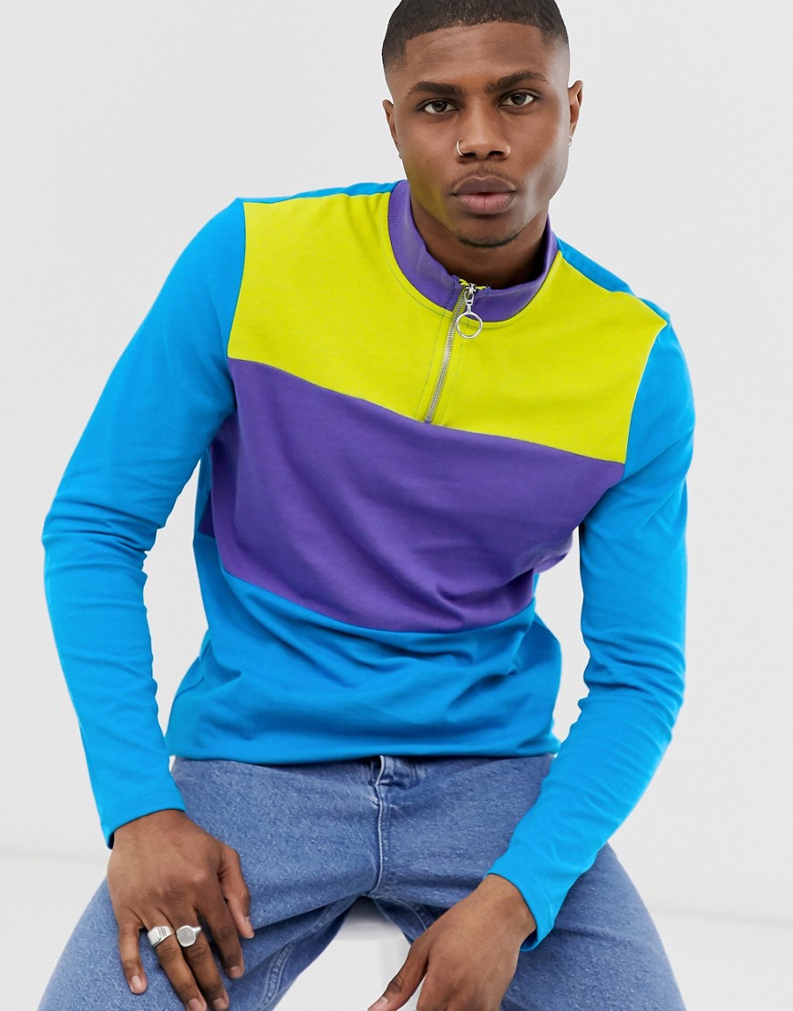 ASOS DESIGN long sleeve t-shirt with turtle zip neck and bright colour block-Multi