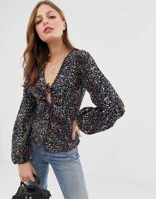 ASOS DESIGN long sleeve tea blouse with ruched detail in ditsy floral print-Multi