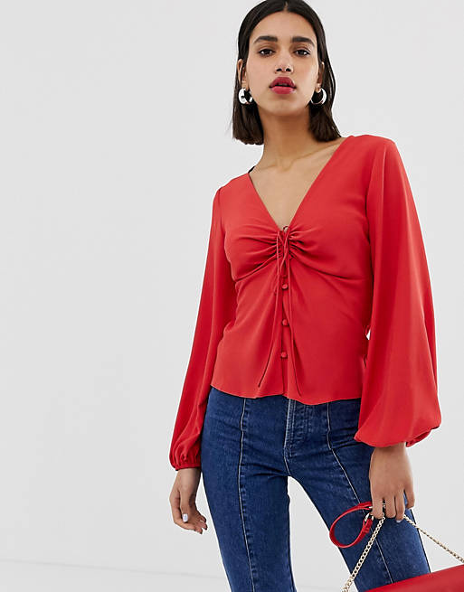 ASOS DESIGN long sleeve tea blouse with ruched detail | ASOS