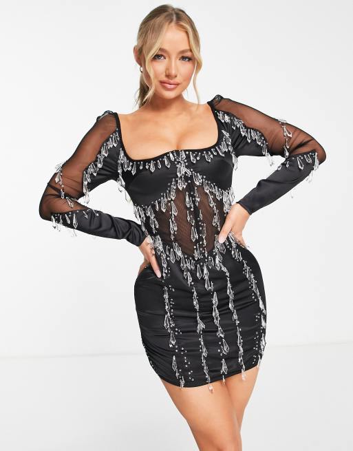 Final Sale Plus Size Sheer Square Print Mesh Bodycon Dress in Black