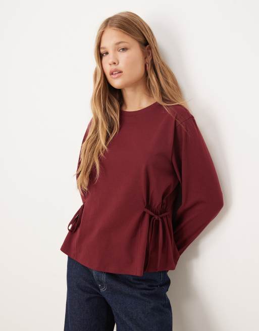 ASOS DESIGN long sleeve tee cinch tee side in dark cherry