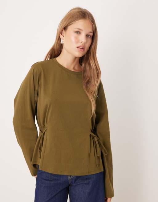 ASOS DESIGN long sleeve tee cinch tee side in khaki