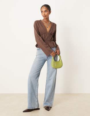 Asos Design Long Sleeve Tee With Ruffle Detail In Brown