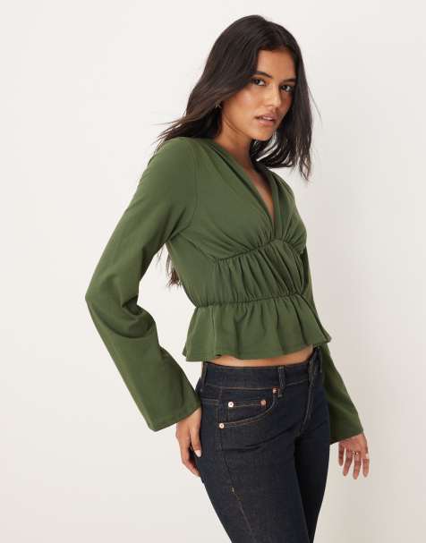 ASOS DESIGN long sleeve tee with ruffle detail in khaki - view 1