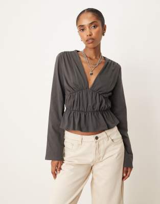Asos Design Long Sleeve Tee With Ruffle Detail In Gray