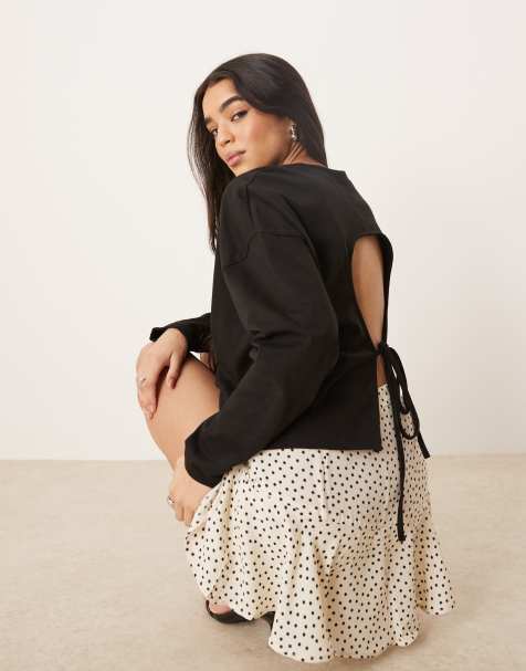 ASOS DESIGN long sleeve tee with tie back top in black - view 1