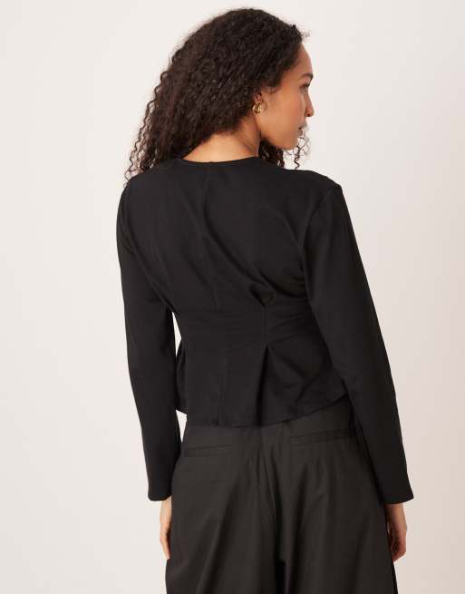 ASOS DESIGN long sleeve tee with tie waist cinch detail in black, 3 of 4