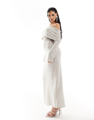ASOS DESIGN long sleeve lightweight textured bardot midi dress in taupe