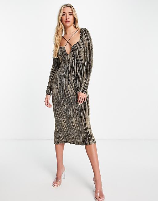 ASOS DESIGN long sleeve textured gold swirl midi dress in gold | ASOS