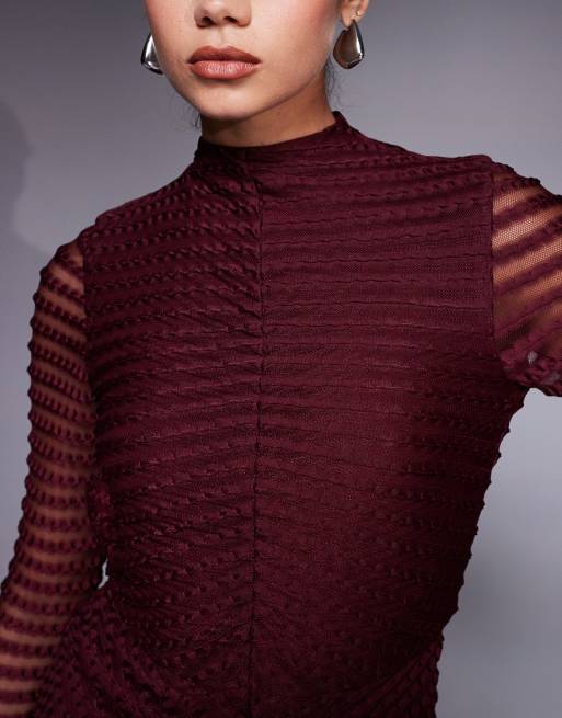 ASOS DESIGN long sleeve textured mini dress in dark cherry, 4 of 4