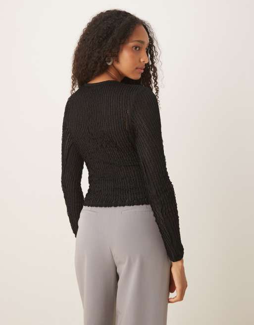 ASOS DESIGN long sleeve textured ruffle top in black, 3 of 4