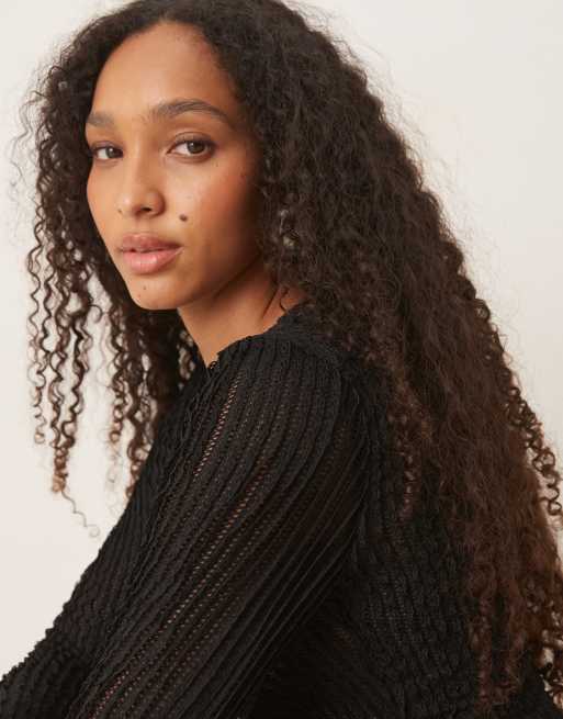 ASOS DESIGN long sleeve textured ruffle top in black, 4 of 4