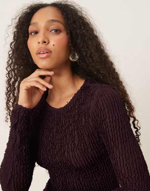 ASOS DESIGN long sleeve textured ruffle top in chocolate, 2 of 4