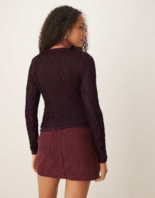 ASOS DESIGN long sleeve textured ruffle top in chocolate, 3 of 4