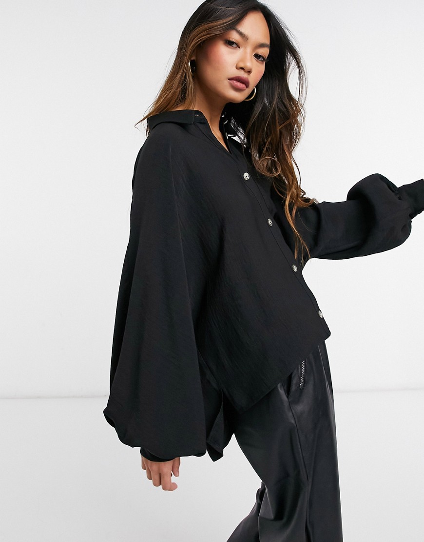 ASOS DESIGN long sleeve textured shirt with horn buttons in black-No color