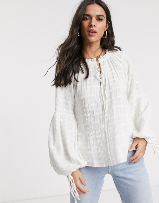 ASOS DESIGN long sleeve textured smock top with high neck in white