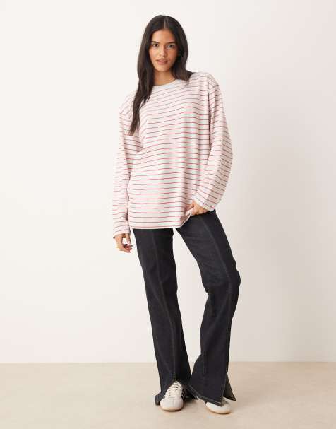 ASOS DESIGN long sleeve textured stripe tee in red and white - view 1