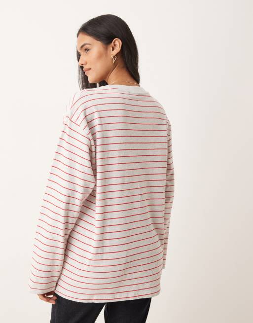ASOS DESIGN long sleeve textured stripe tee in red and white, 4 of 4