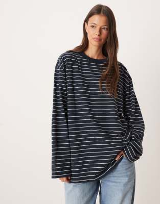 Asos Design Long Sleeve Textured Striped Tee In Blue