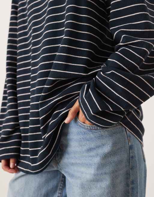 ASOS DESIGN long sleeve textured striped tee in navy and white