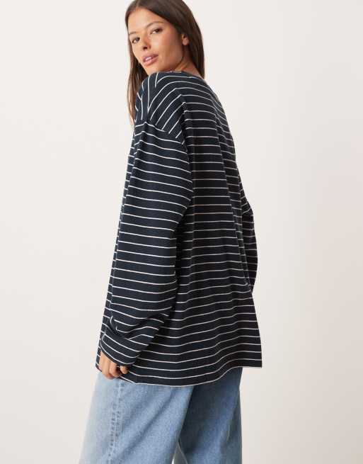 ASOS DESIGN long sleeve textured striped tee in navy and white