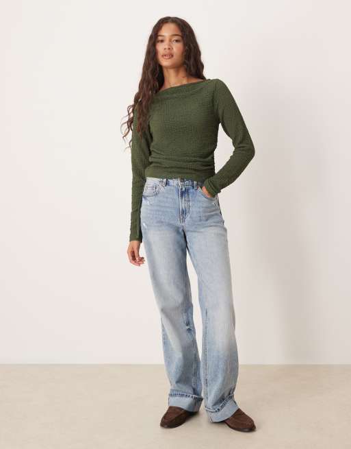 ASOS DESIGN long sleeve textured top with ruched tie side details in khaki green