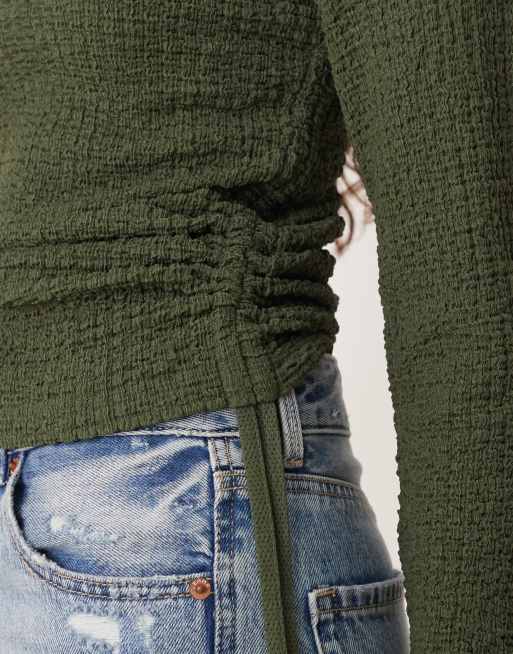 ASOS DESIGN long sleeve textured top with ruched tie side details in khaki green, 3 of 4