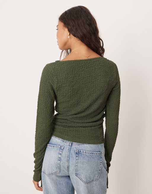 ASOS DESIGN long sleeve textured top with ruched tie side details in khaki green
